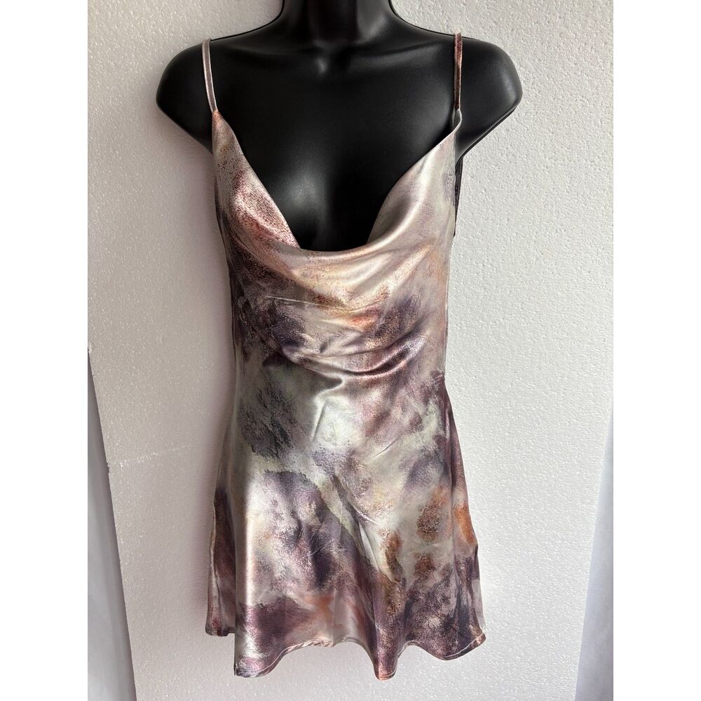 Satin Cowl Neck Slip Dress in Marble Print - Neutral Tones